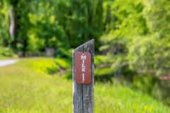 Mile marker in front of green grass mid shot