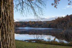 Mist on the water behind green grass at Haviland's Cove Beach (Glens Falls, NY)