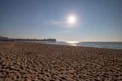 High sun over coastline and boardwalk (Old Orchard Beach, ME)